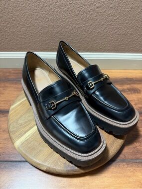 Sam Edelman Black Leather Loafers with Gold Tone Horsebit Hardware Size 9